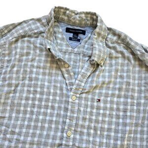 Tommy Hilfiger Button Down Shirt Mens Large Gray Plaid Slim Fit Long Sleeve